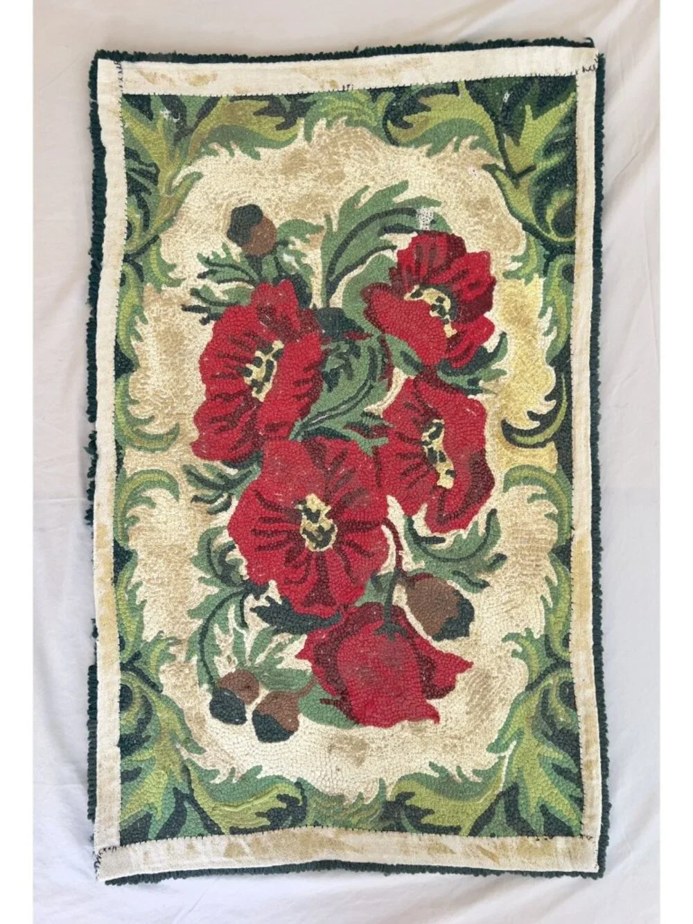 Vintage Handmade Punch Needle Poppy Rug Primitive Country Textile Wall Hanging